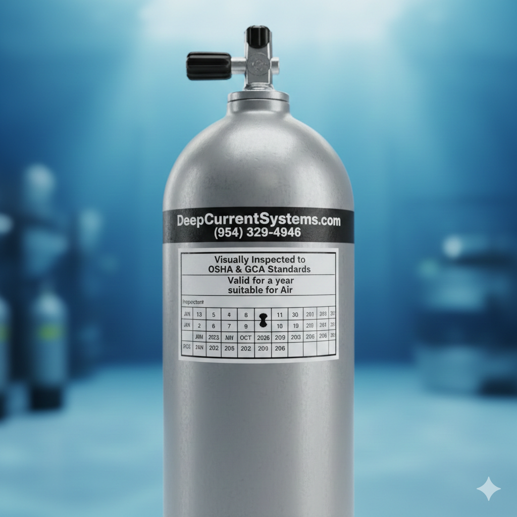 Silver air tank with a label on a blue underwater background