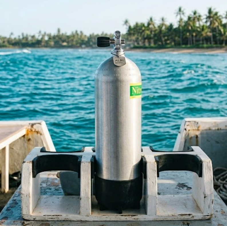 Scuba diving tank on a boat with a scenic background of water and trees.