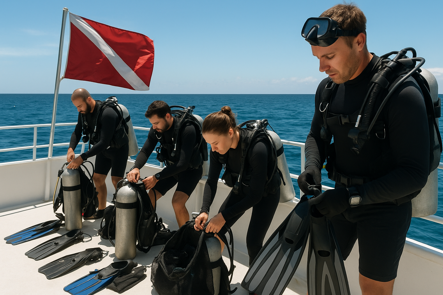 divers on boat packing u thier gear, make sure there is a dive flag in the image