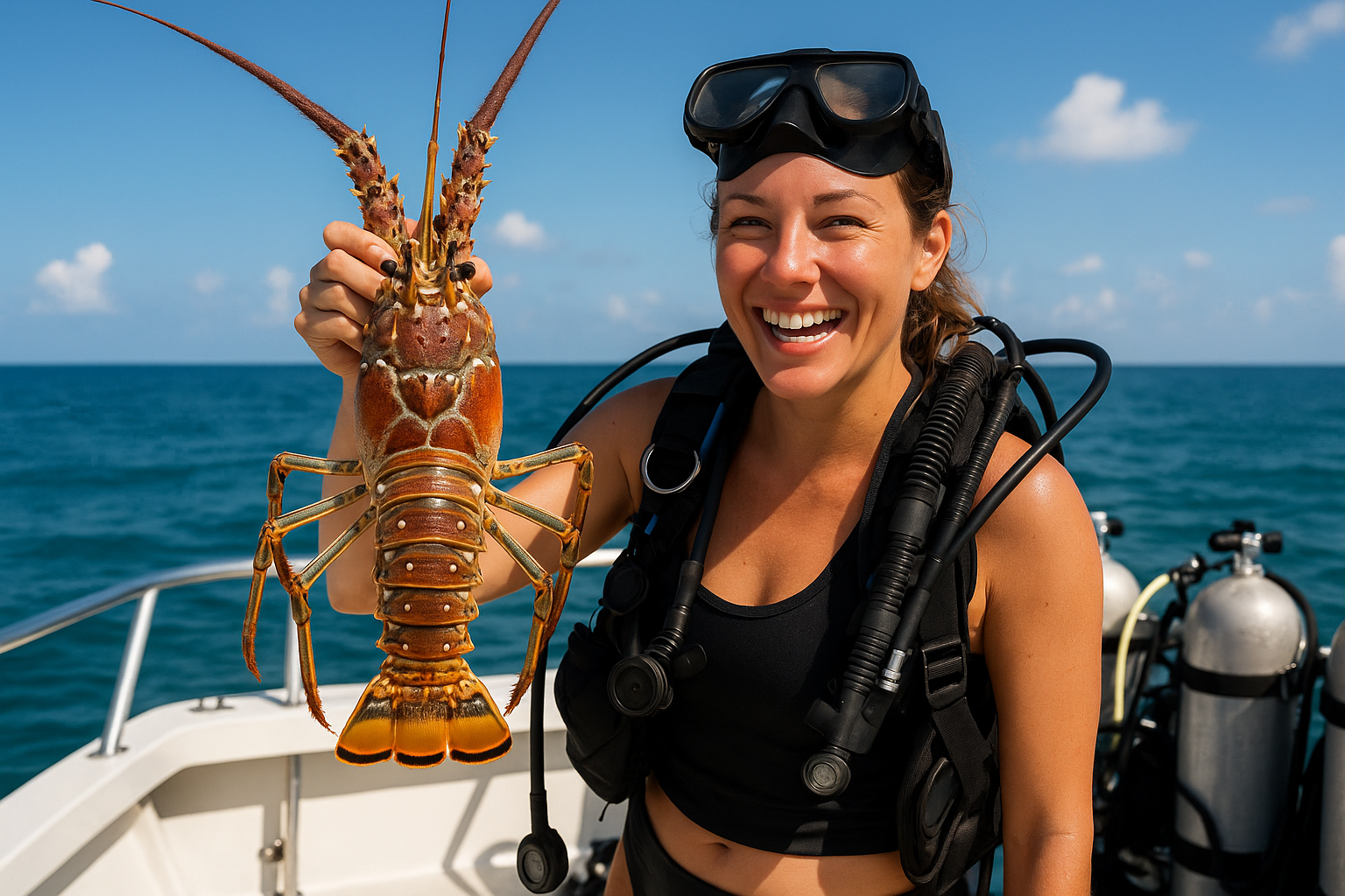 image of lady on scuba boat holding up a florida lobster