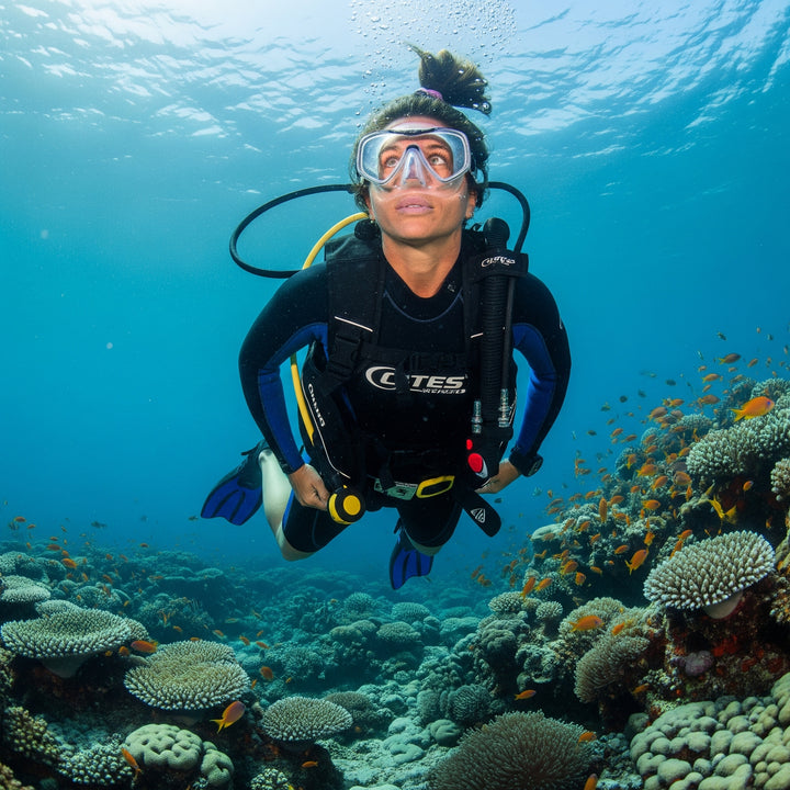Diver in scuba gear exploring a coral reef with colorful fish.