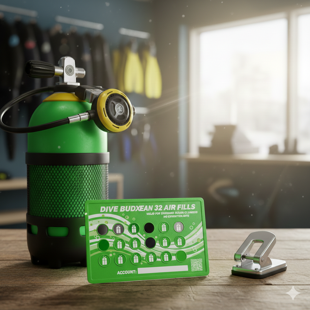 Green scuba tank with a card labeled 'Dive Buddy' on a wooden surface.