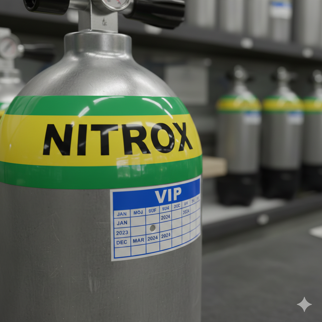 Nitrox diving tank with 'VIP' label in a storage room setting