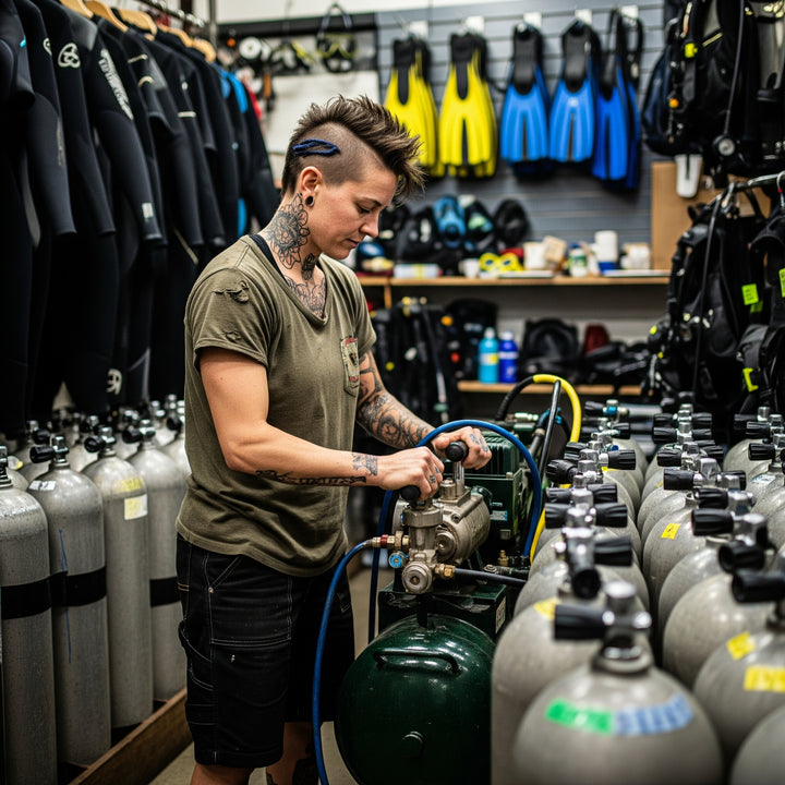Person working with scuba diving equipment in a store setting