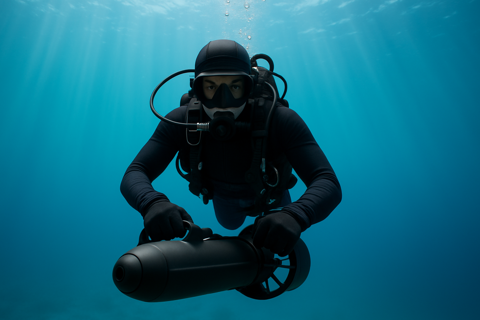 scuba diver descending looking at us with good trim and has a dpv