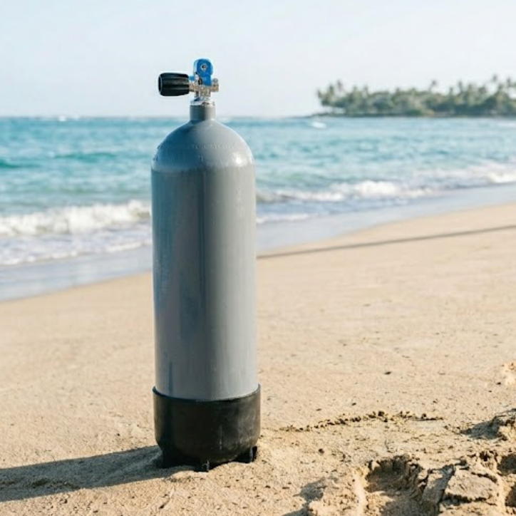 Scuba diving tank on a sandy beach with ocean and sky in the background
